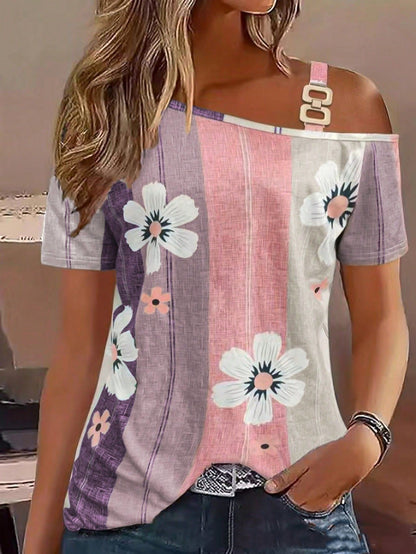 Flower Print Button Knitted Short-sleeved T-shirt