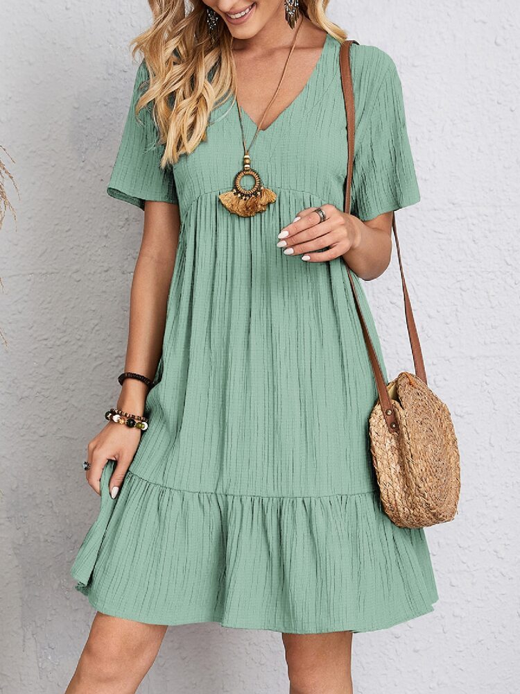 V-neck Short Sleeve Dress Summer Casual Loose Ruffled Dress