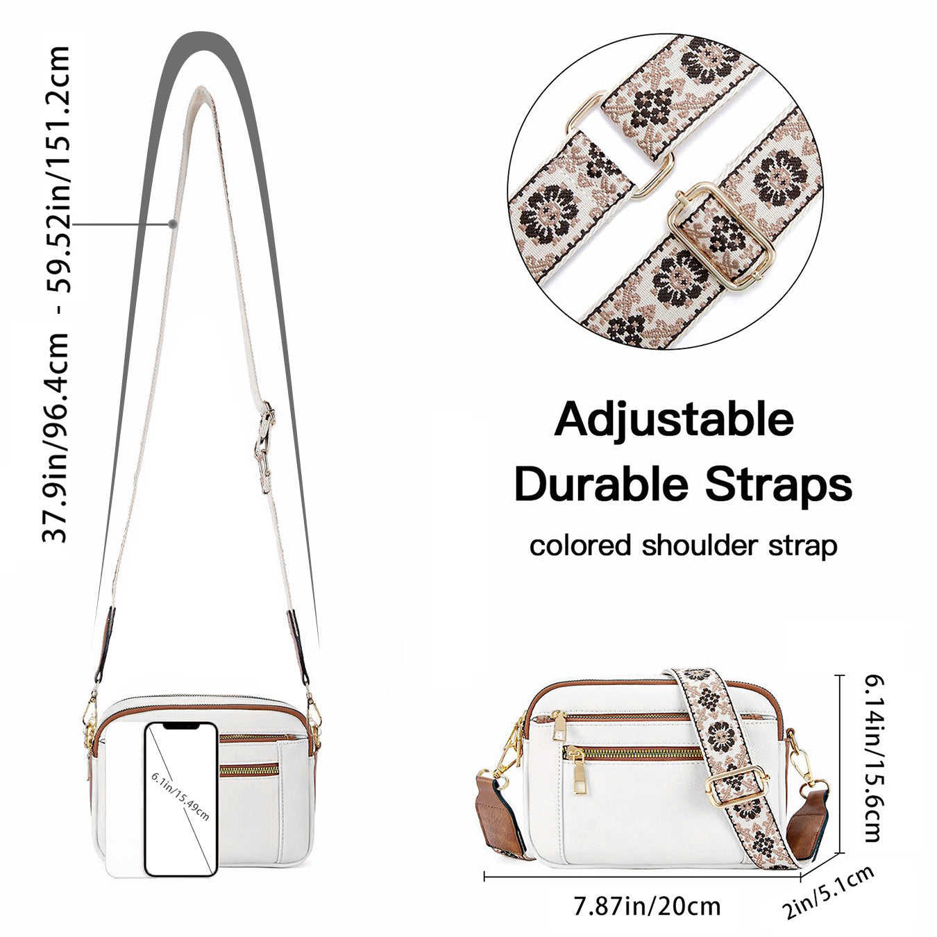Shoulder Bag Triple-zipper With Embroidered Floral Straps Multi-functional Crossbody Bags