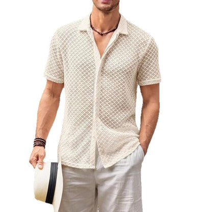 Mesh Short Sleeve Shirt Solid Color Lapel Shirt
