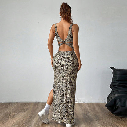 Casual Leopard Print Suspender Long Dress Open Back