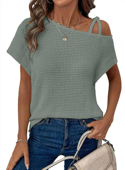 Short-sleeved Knitted Solid Color Womens Top Off-shoulder