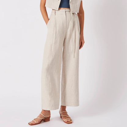High Waist Pure Linen Lace-up Cropped Pants