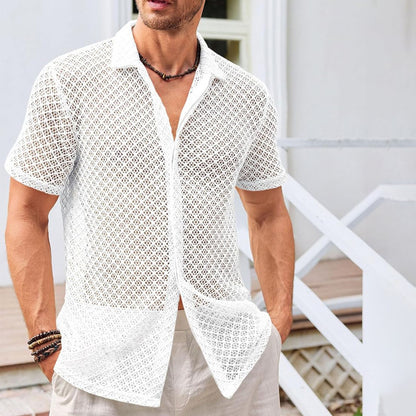 Mesh Short Sleeve Shirt Solid Color Lapel Shirt