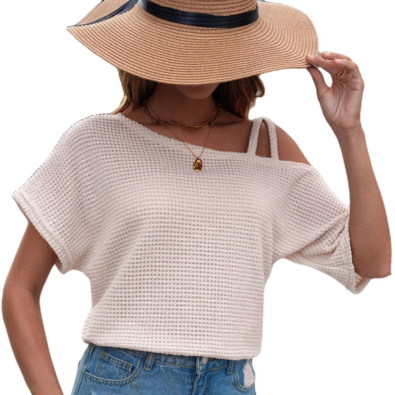 Short-sleeved Knitted Solid Color Womens Top Off-shoulder