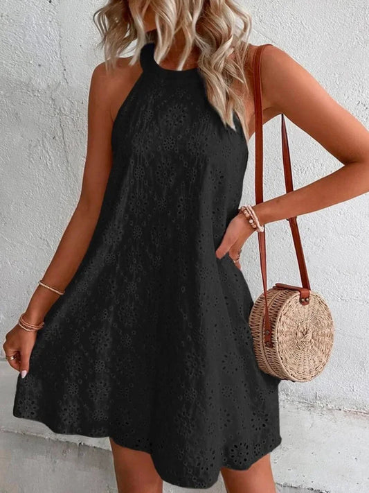 Women's Lace Solid Color Sleeveless Button Halter Neck Dress