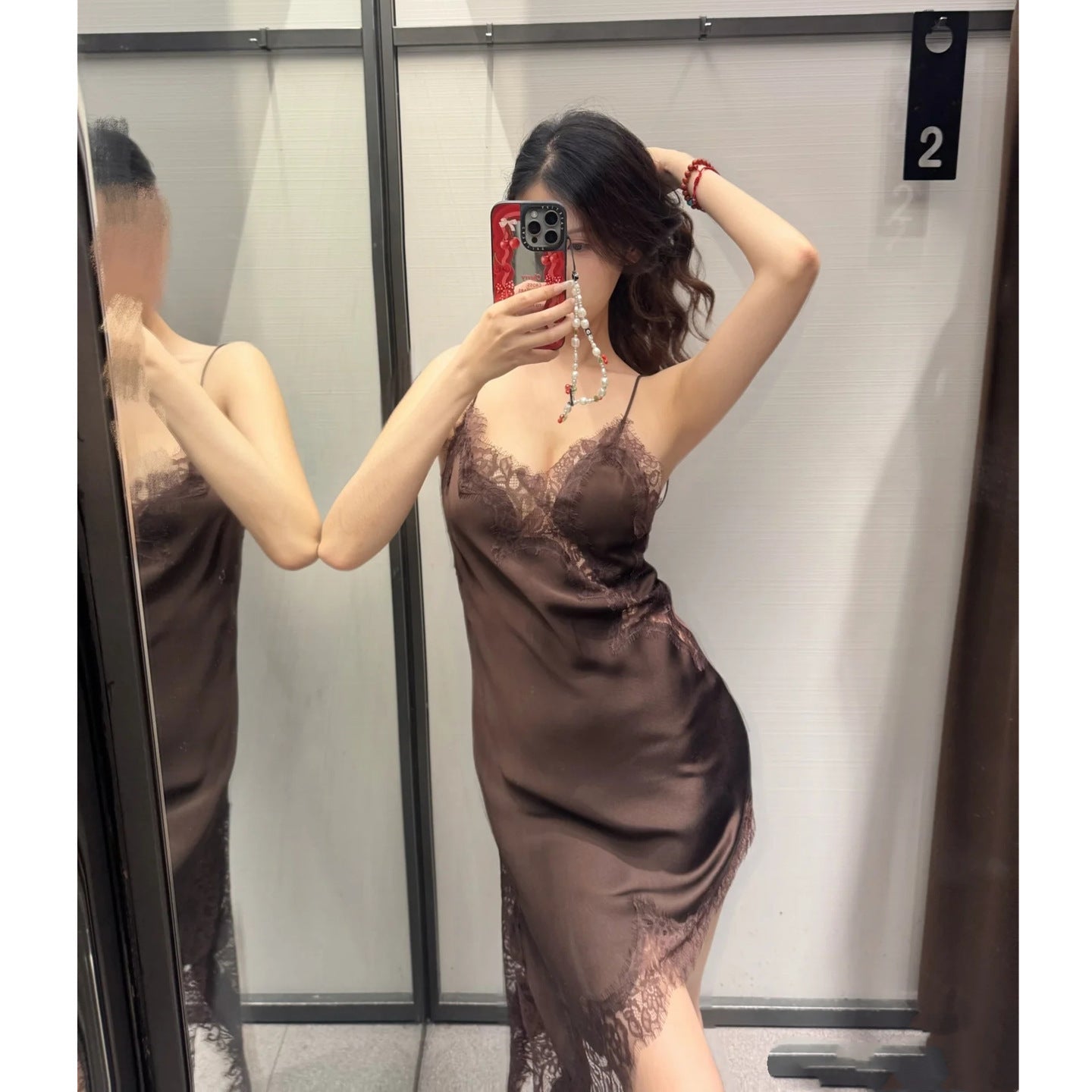 Silk Texture Lace Asymmetric Sling Dress