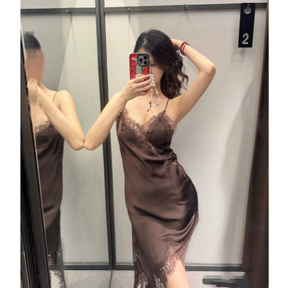 Silk Texture Lace Asymmetric Sling Dress