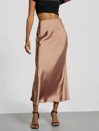 Slim Fit Satin Skirt Solid Color Long Skirt