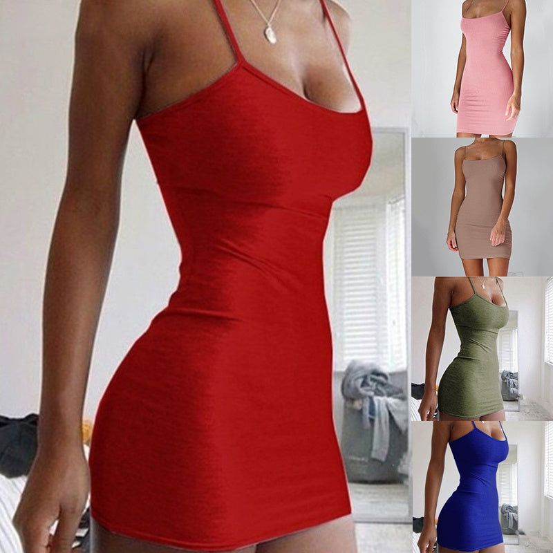 Minimalistic Solid Color Suspender Tight-fitting Mini Dress