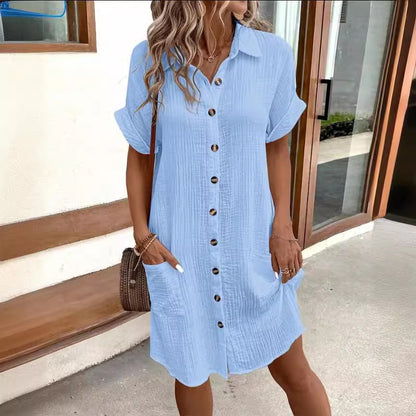 Short Sleeve Shirt Dress Solid Color Mid-length Loose Dress