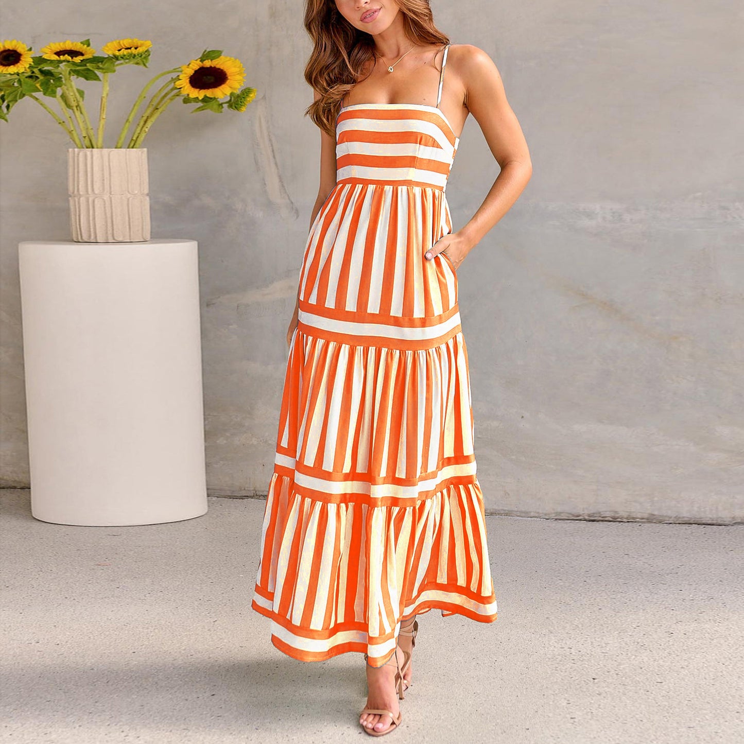 Striped Suspender Long Dress With Pockets Square Neck Backless Dresses