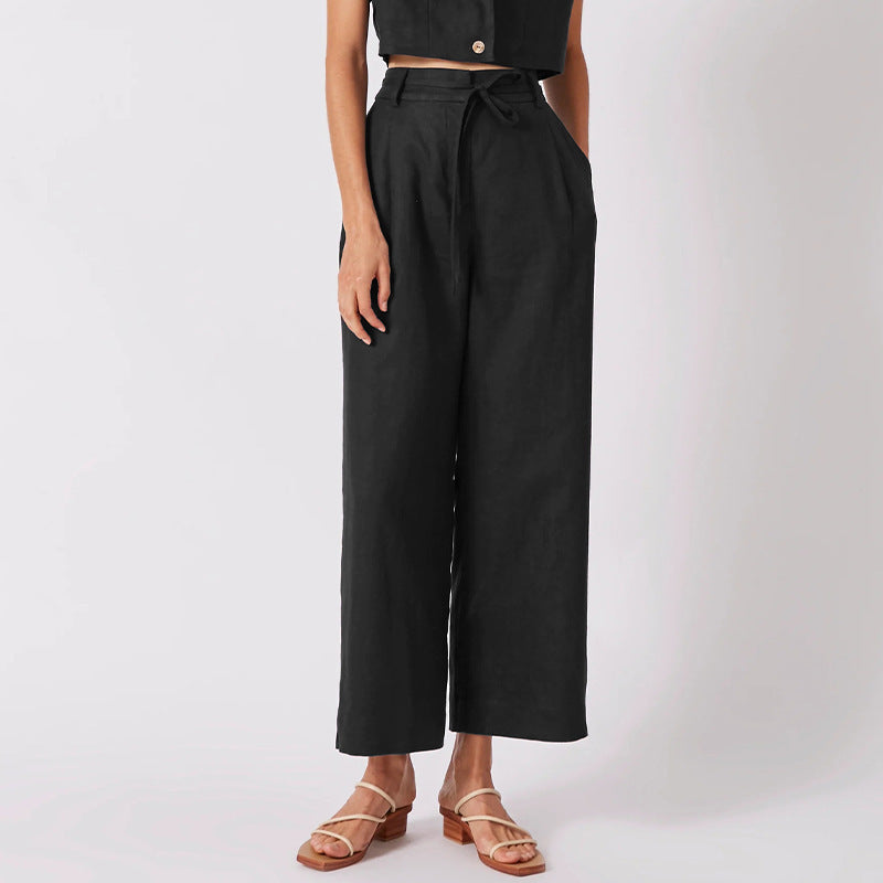 High Waist Pure Linen Lace-up Cropped Pants