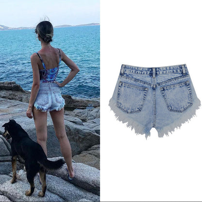 High Waist Worn Style Denim Shorts Hot Shorts