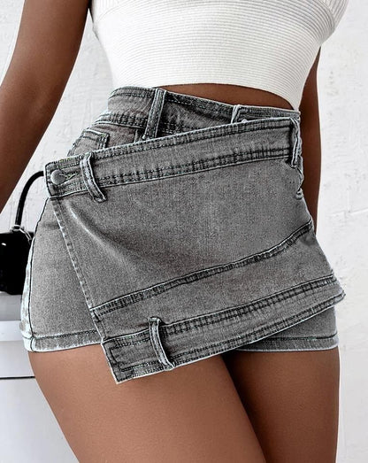 Denim Shorts Stretch Overlap Waist Wrap Street Fashion