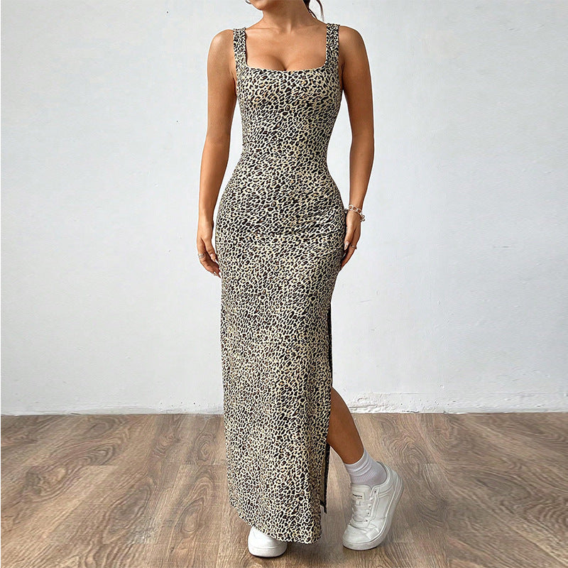 Casual Leopard Print Suspender Long Dress Open Back