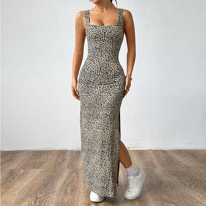 Casual Leopard Print Suspender Long Dress Open Back
