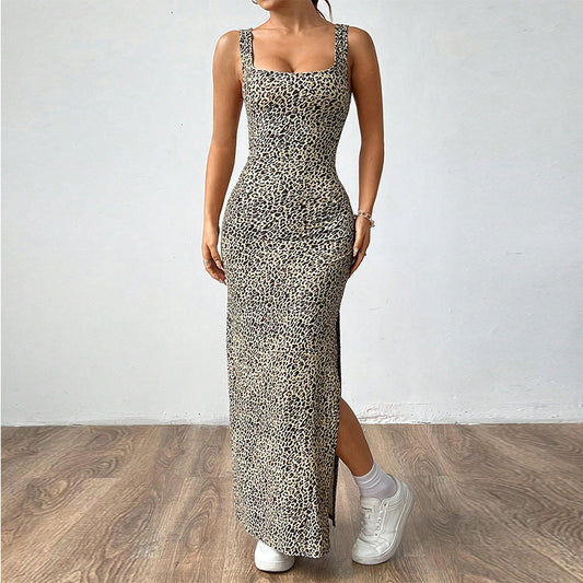Casual Leopard Print Suspender Long Dress Open Back