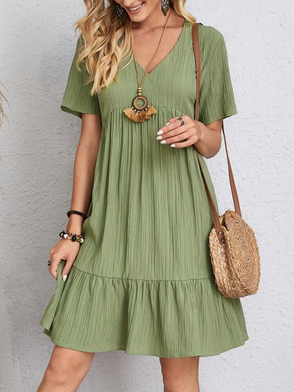 V-neck Short Sleeve Dress Summer Casual Loose Ruffled Dress