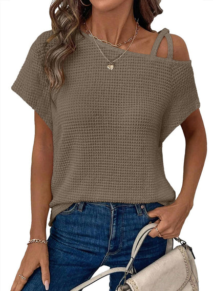 Short-sleeved Knitted Solid Color Womens Top Off-shoulder