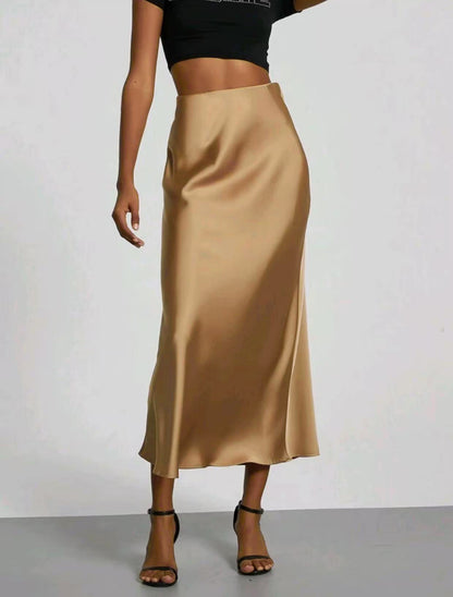 Slim Fit Satin Skirt Solid Color Long Skirt