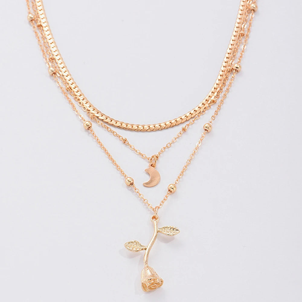 Multilayer Gold Color Pendant Necklace Rose Flower