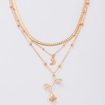 Multilayer Gold Color Pendant Necklace Rose Flower