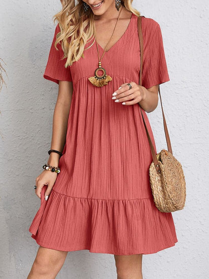 V-neck Short Sleeve Dress Summer Casual Loose Ruffled Dress