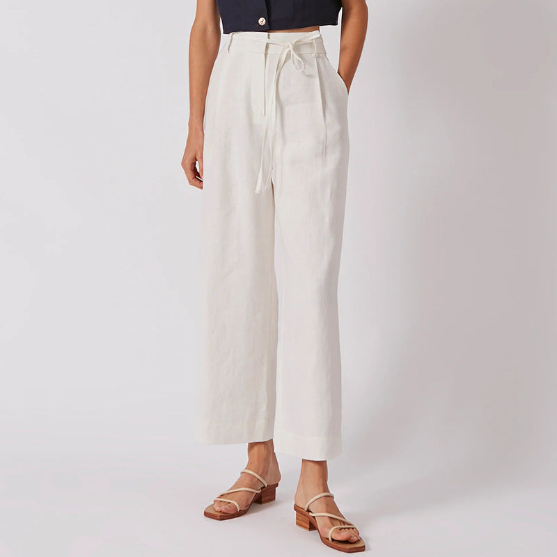 High Waist Pure Linen Lace-up Cropped Pants
