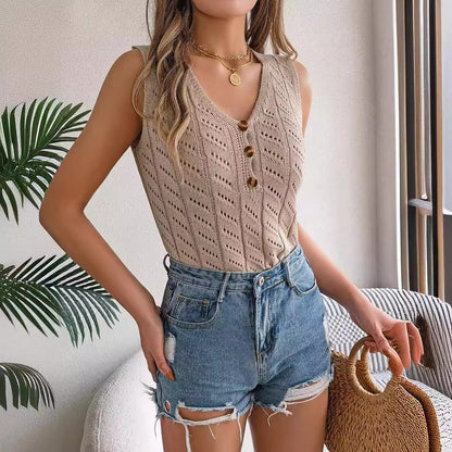 V-neck Top Knitted Sleeveless Sweater Buttons