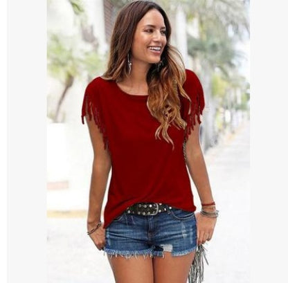 Round Neck Short Sleeve Cuffs Tassel T-shirt