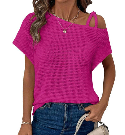 Short-sleeved Knitted Solid Color Womens Top Off-shoulder