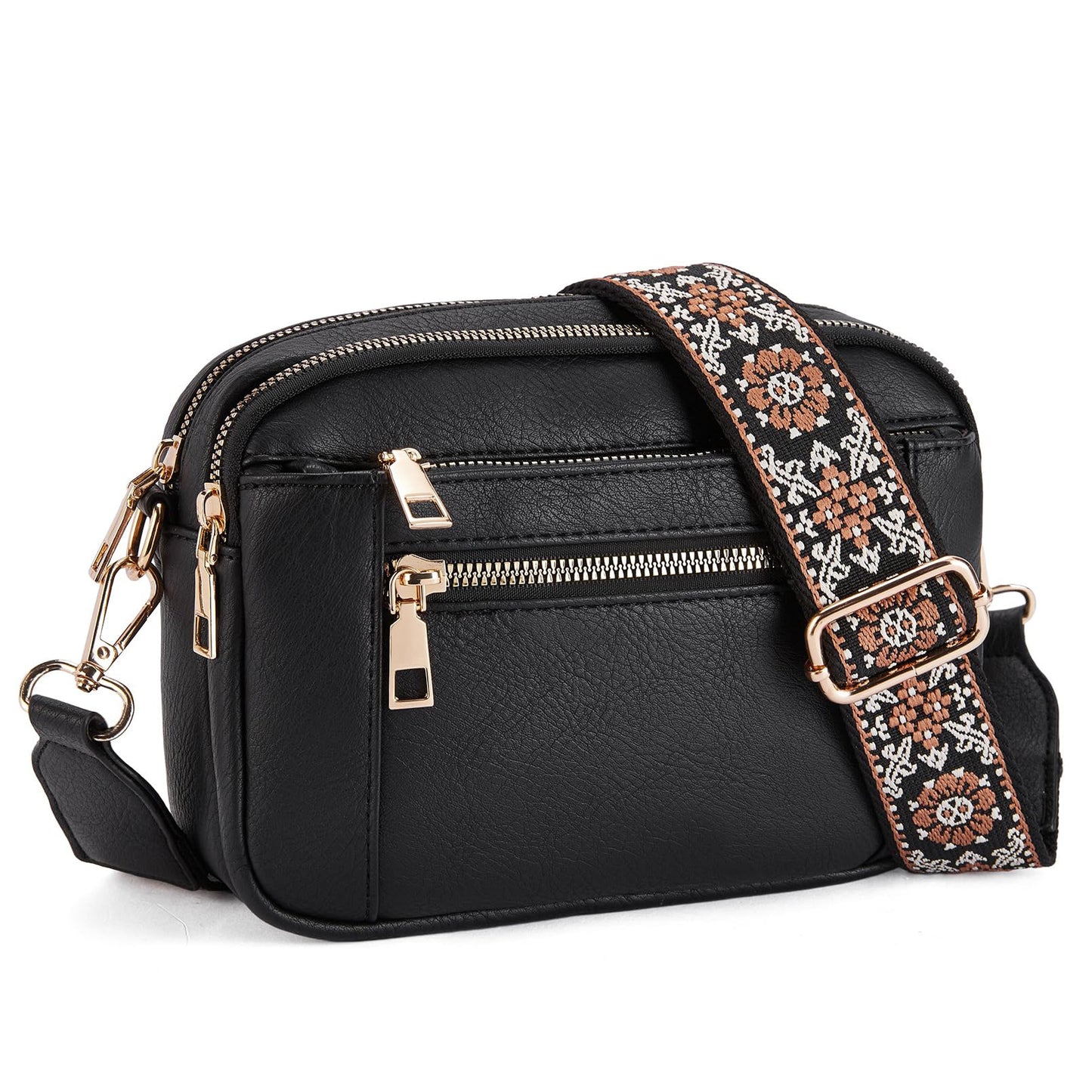 Shoulder Bag Triple-zipper With Embroidered Floral Straps Multi-functional Crossbody Bags