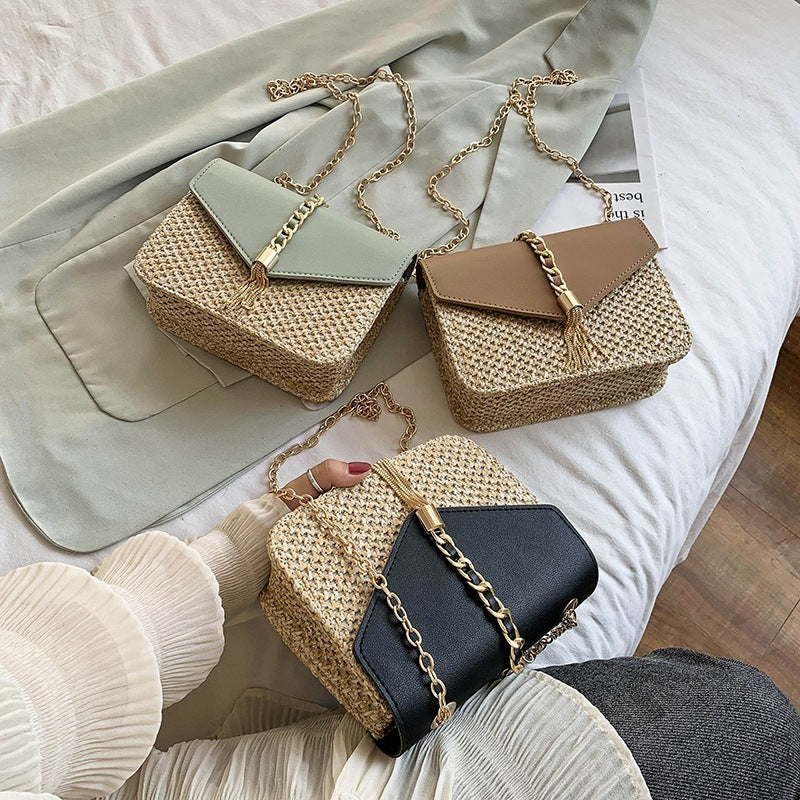 Straw woven shoulder chain bag