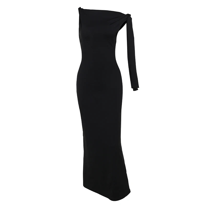 One-shoulder Ribbon Maxi Dress Slim Sleeveless Dress