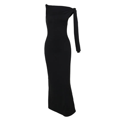 One-shoulder Ribbon Maxi Dress Slim Sleeveless Dress