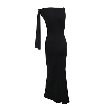 One-shoulder Ribbon Maxi Dress Slim Sleeveless Dress