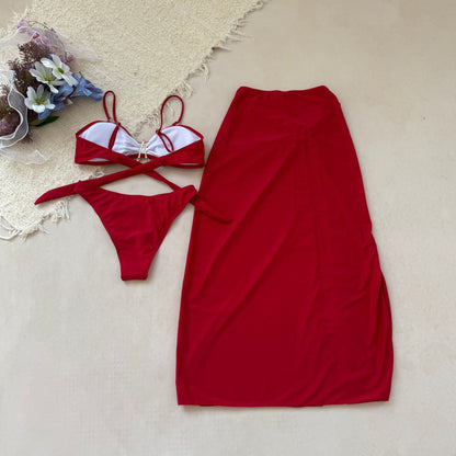 Bikini 3pieces Set Solid Color with Gold Starfish