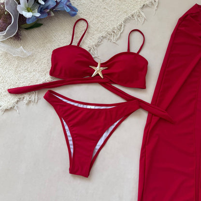Bikini 3pieces Set Solid Color with Gold Starfish