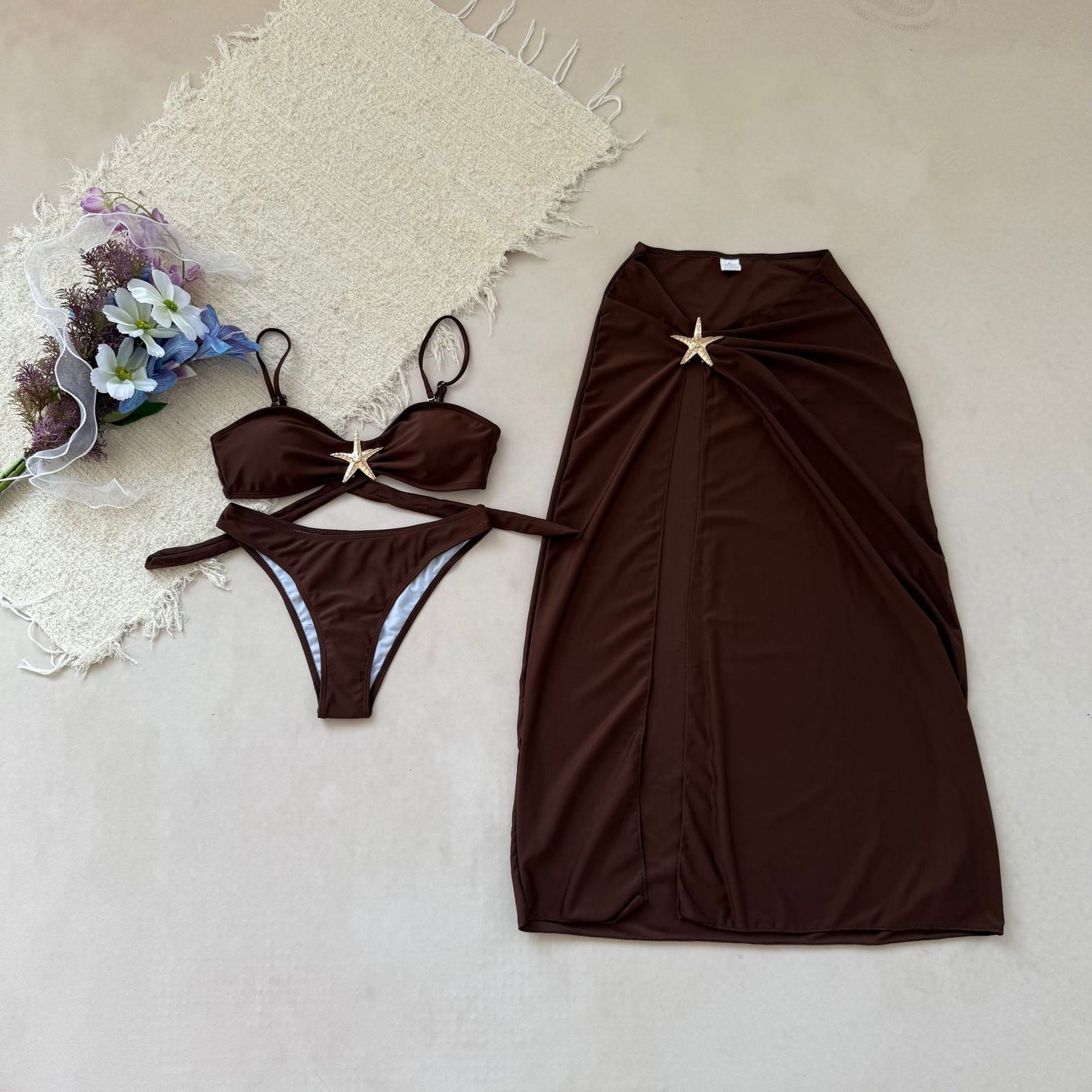 Bikini 3pieces Set Solid Color with Gold Starfish