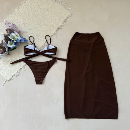 Bikini 3pieces Set Solid Color with Gold Starfish