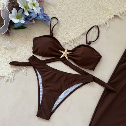 Bikini 3pieces Set Solid Color with Gold Starfish