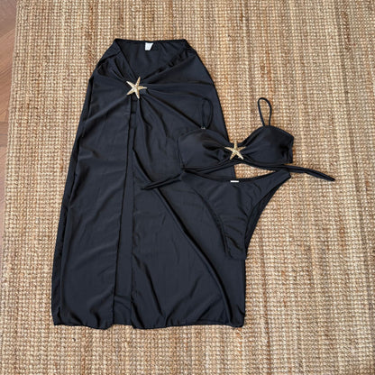 Bikini 3pieces Set Solid Color with Gold Starfish