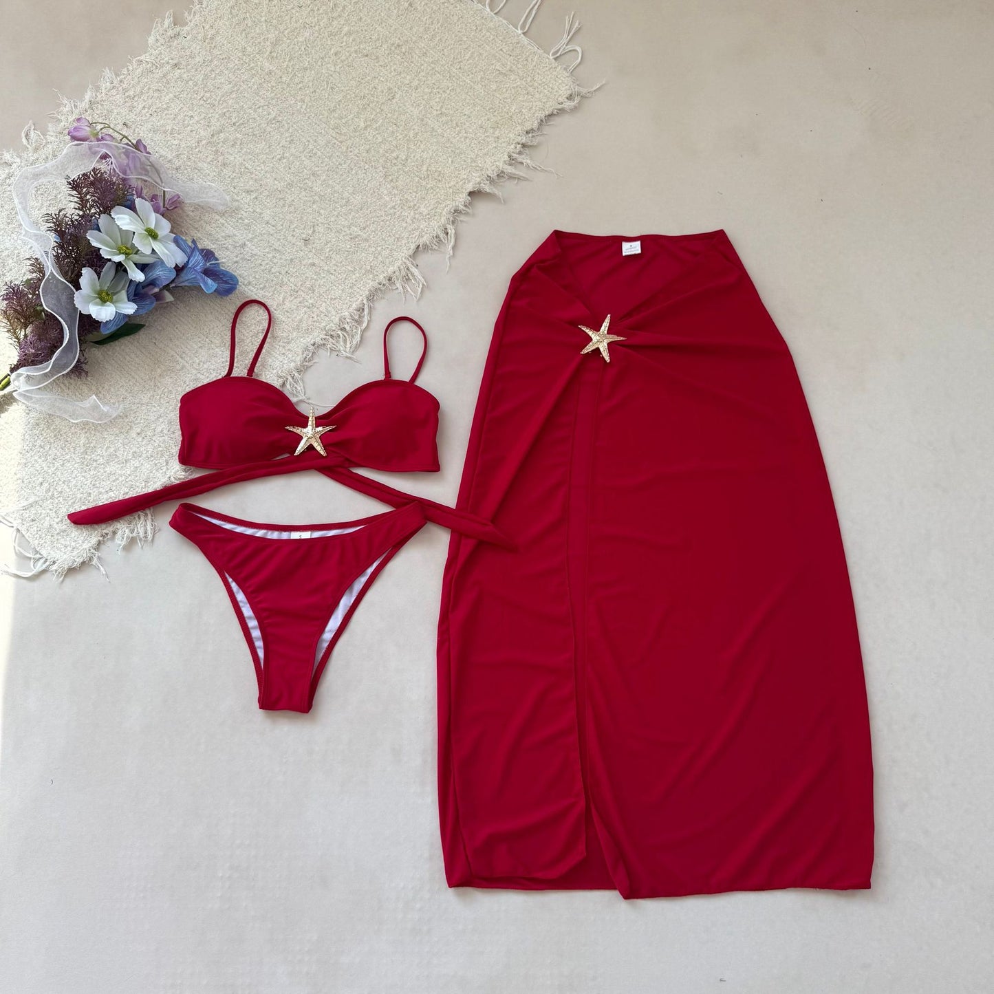 Bikini 3pieces Set Solid Color with Gold Starfish
