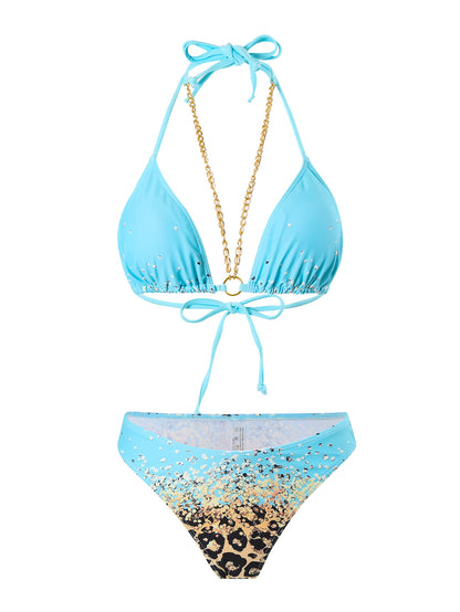 Bikini Leopard Print 3pieces Set Halter Neck