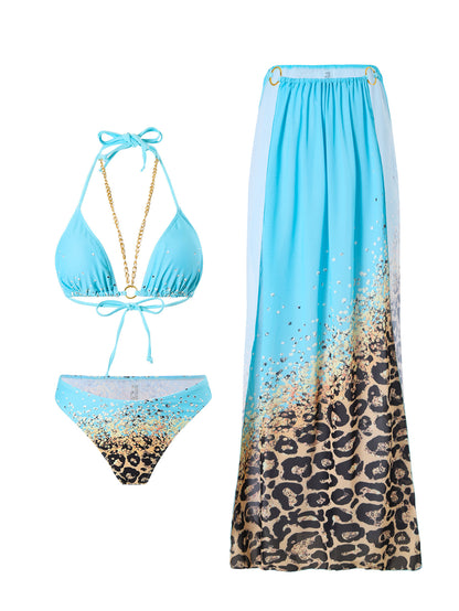Bikini Leopard Print 3pieces Set Halter Neck