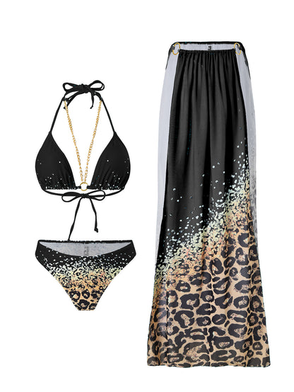 Bikini Leopard Print 3pieces Set Halter Neck