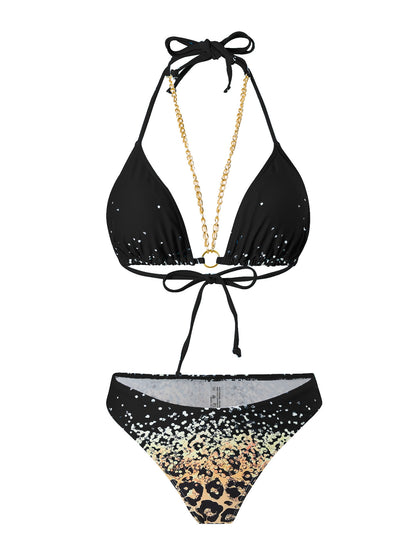 Bikini Leopard Print 3pieces Set Halter Neck