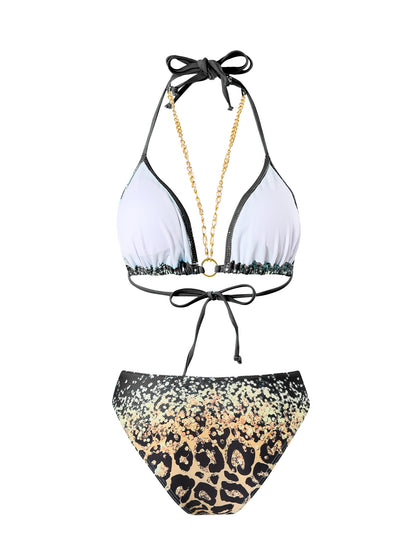 Bikini Leopard Print 3pieces Set Halter Neck