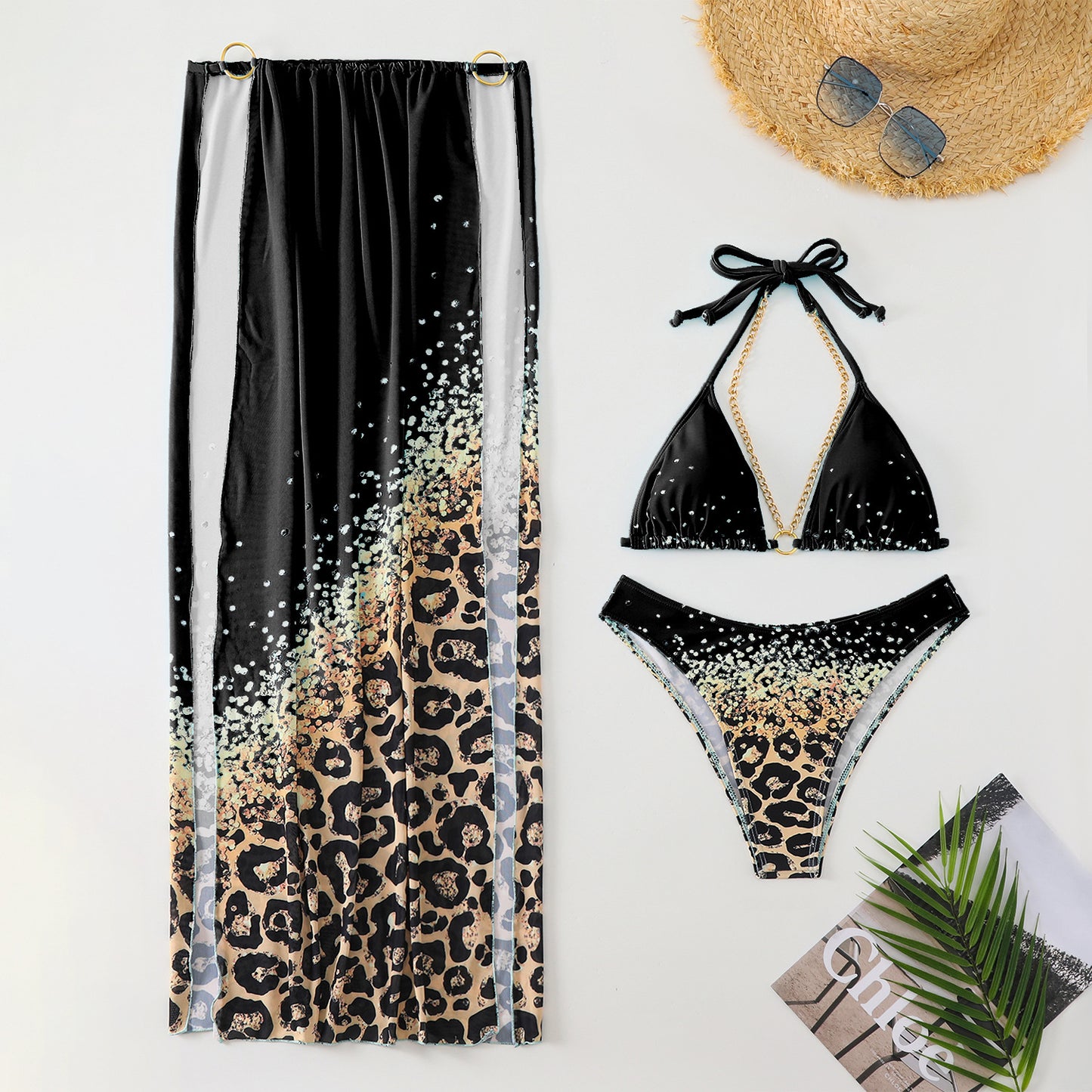 Bikini Leopard Print 3pieces Set Halter Neck
